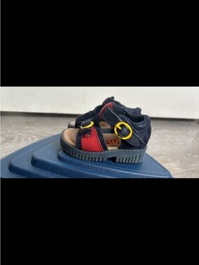 Baby Size 2c (“2w”)  Black and Red McKids Sandals with Yellow Buckles